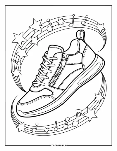 Coloriage de baskets pour enfants : Une basket élégante brille avec des étoiles et des notes tourbillonnant autour de sa silhouette dynamique