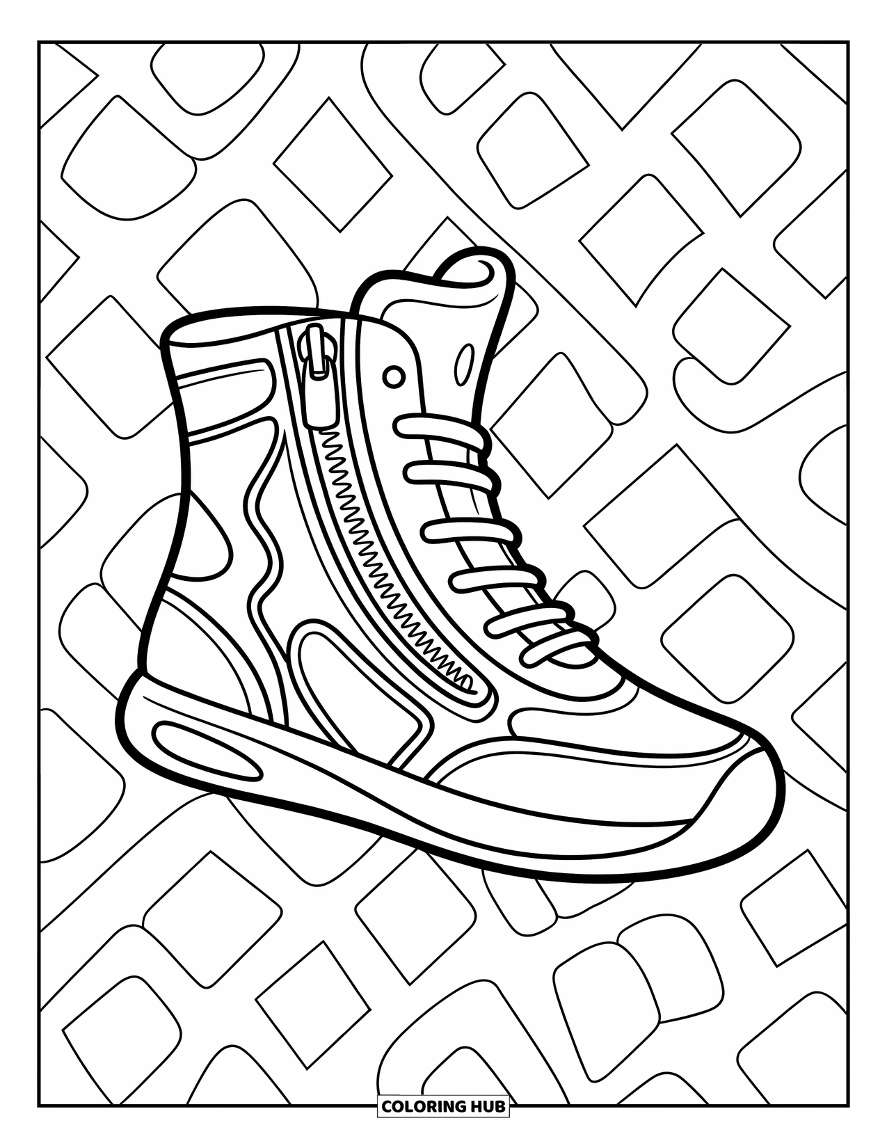 Sneaker Coloring Page for Kids: A zipper-detailed sneaker stands out with sharp lines and a background of layered shapes