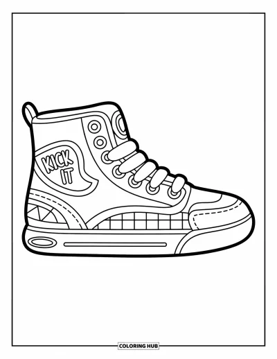 Coloriage de baskets pour enfants : Des baskets à damier avec des lacets audacieux et le logo "Kick It" dégagent une ambiance cool