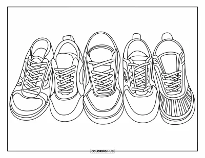 Coloriage de baskets pour enfants : Chaque basket montre du mouvement avec des formes audacieuses et des designs modernes et ludiques