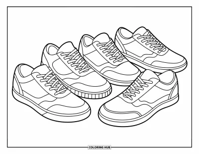 Coloriage de baskets pour enfants : Cinq baskets en rang, chacune avec des lacets originaux, des semelles amusantes et des styles différents