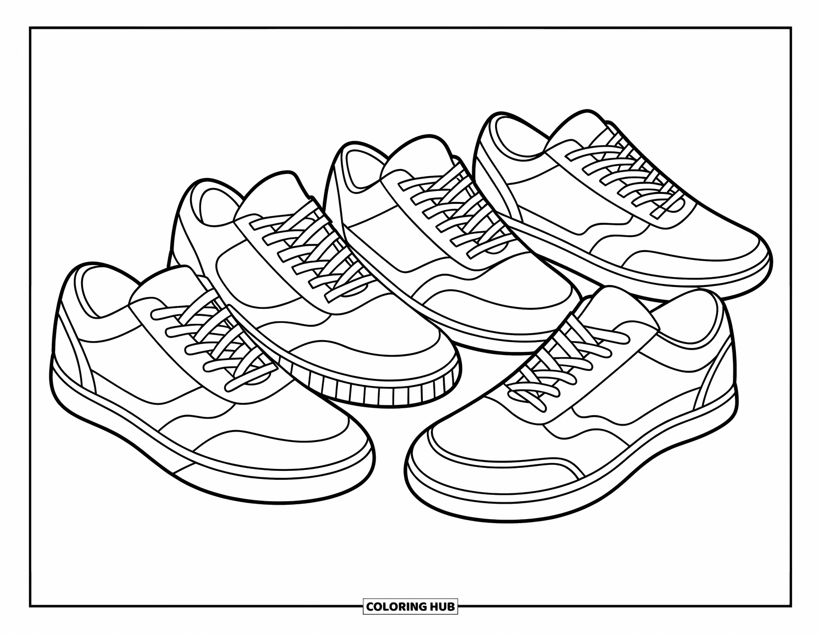 Sneaker Coloring Page for Kids: Five sneakers in a row, each with cool laces, fun soles, and different styles