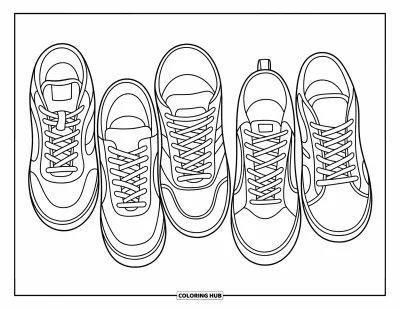 Coloriage de baskets pour enfants : Cinq baskets avec des motifs de lacets style urbain et des textures tranchantes alignées avec style