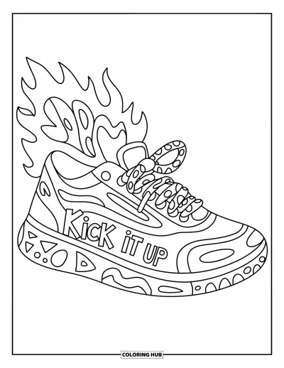 Coloriage de baskets pour enfants : Des flammes et des motifs courent sur une basket audacieuse avec "Kick It Up" sur le côté
