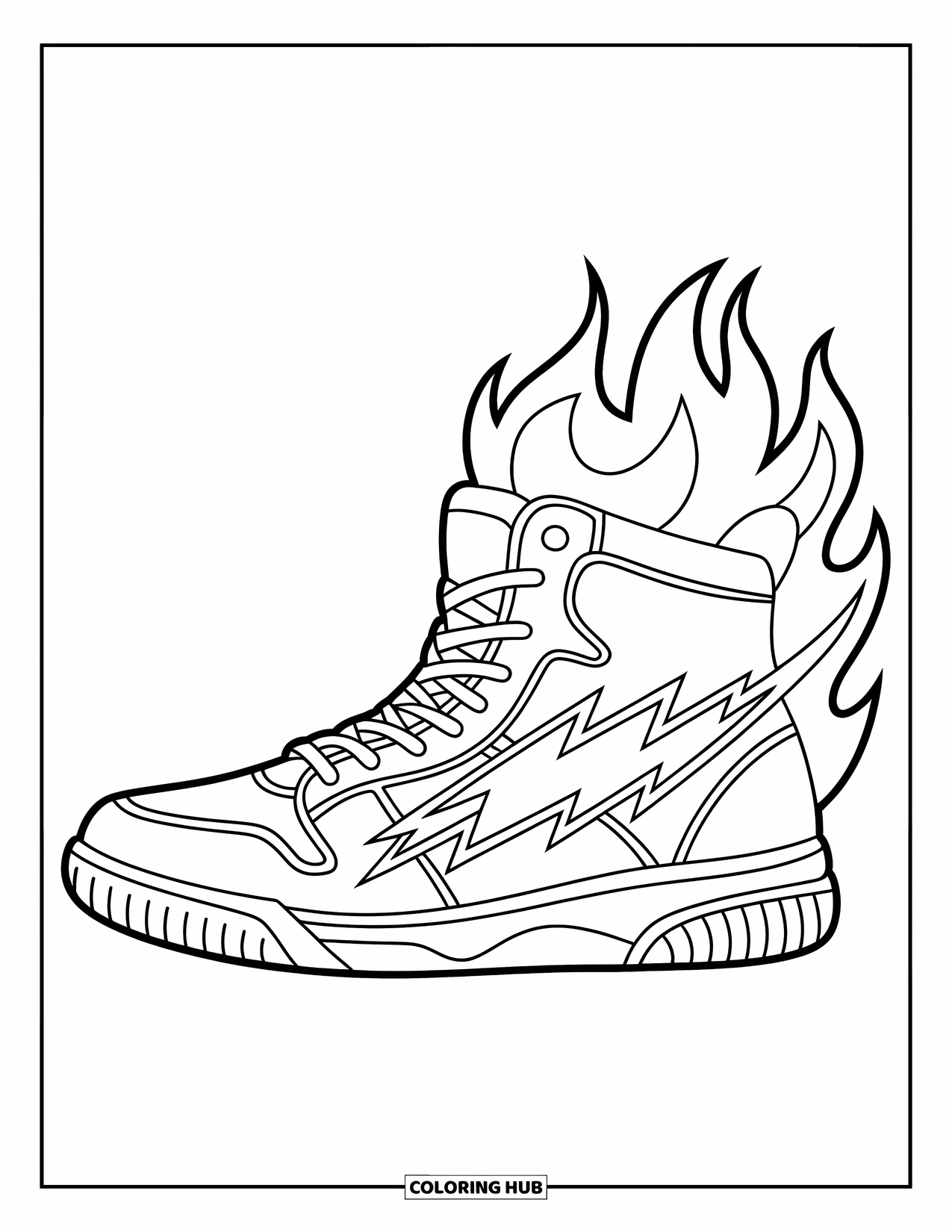 Sneaker Coloring Page for Kids: Flames burst from the heel while lightning bolts zigzag across a stitched high-top sneaker