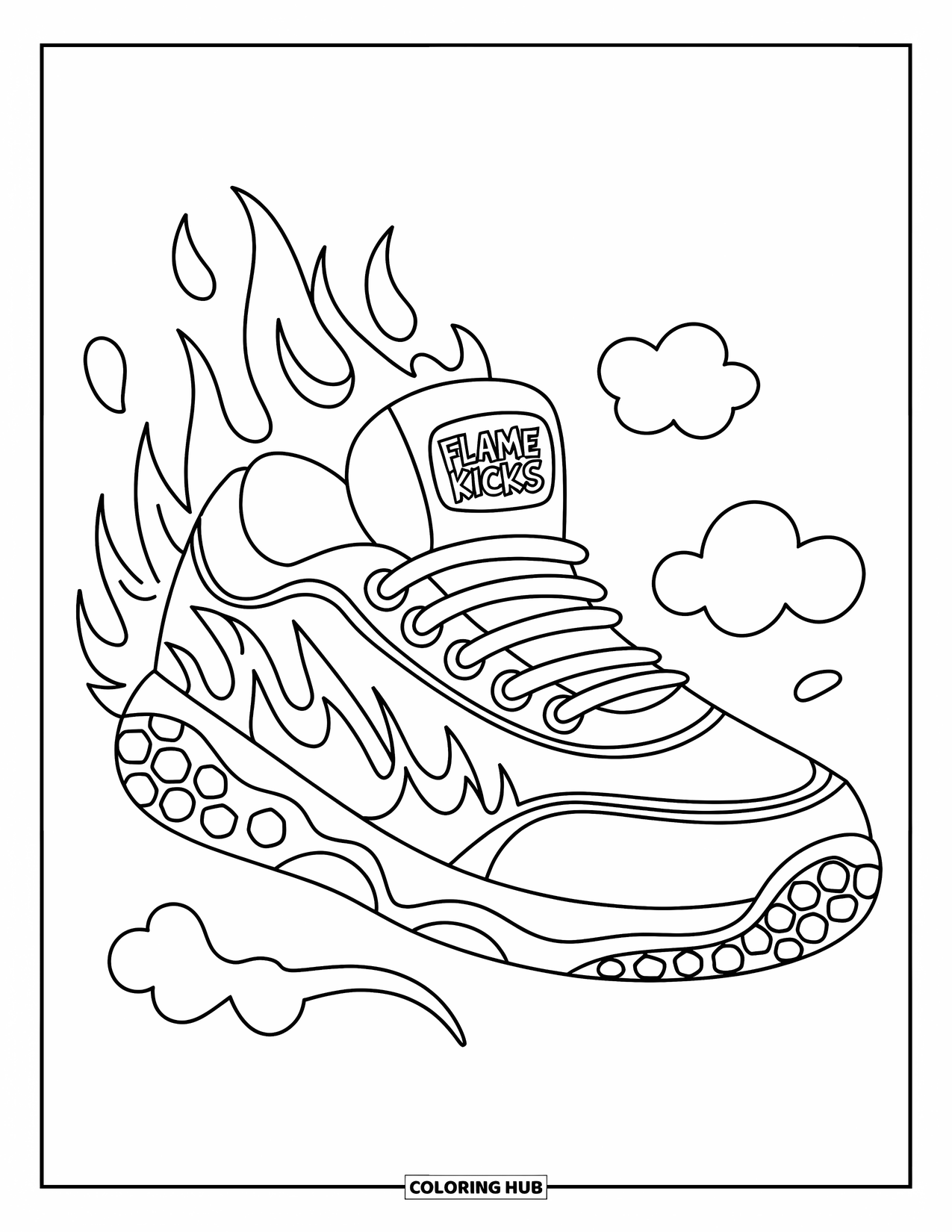 Sneaker Coloring Page for Kids: Flames curl up the sides of a cartoonish sneaker with a "FLAME KICKS" logo on the heel