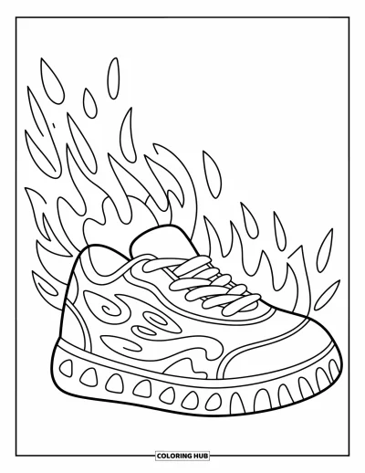 Coloriage de baskets pour enfants : Des flammes descendent le long d'une basket avec des semelles triangulaires et des rainures ludiques sur les lacets