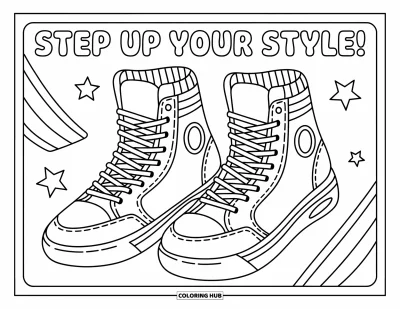 Coloriage de baskets pour enfants : Des hautes baskets avec des chaussettes se dressent dans un cadre qui dit "Step Up Your Style!"