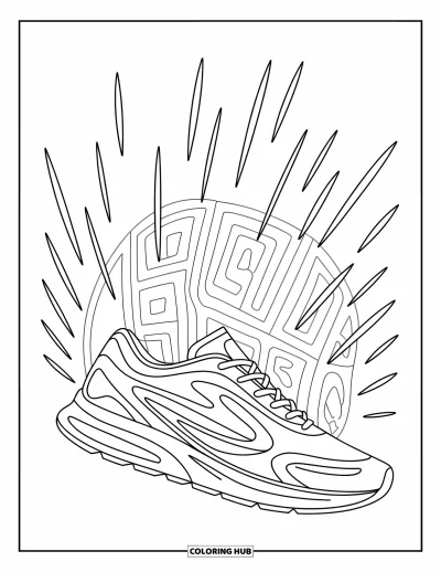 Coloriage de baskets pour enfants : Une basket en plein vol fonce en avant avec des courbes audacieuses et un décor urbain derrière