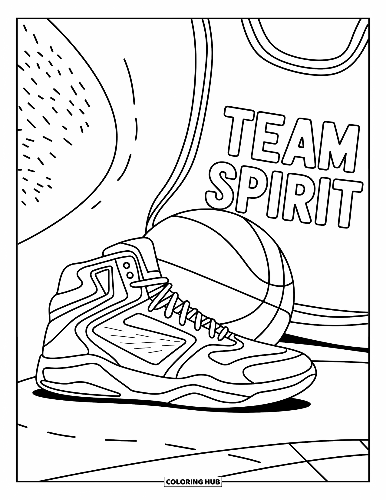 Sneaker Coloring Page for Kids: Sneaker, ball, and tag capture a moment full of energy and motion