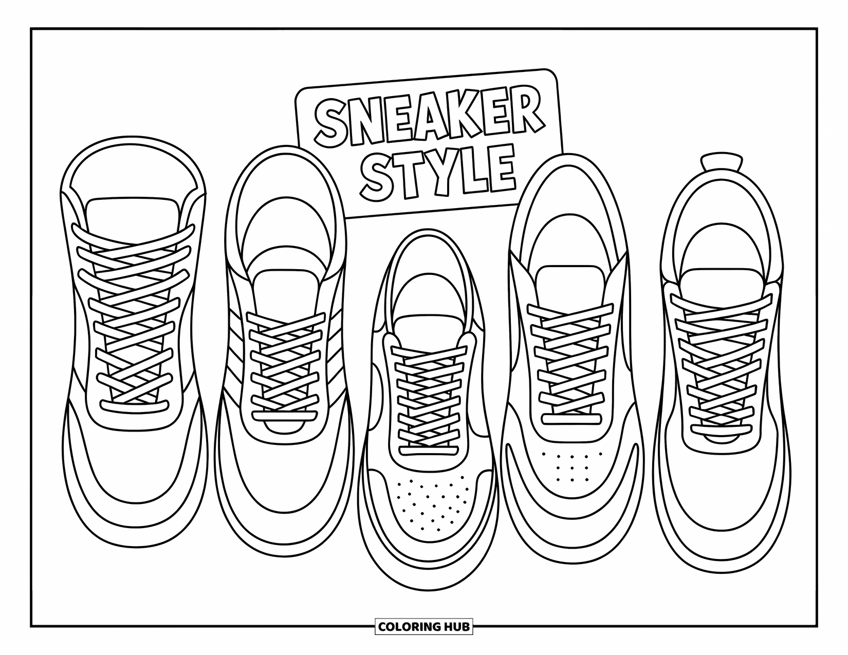 Sneaker Coloring Page for Kids: Sneakers show off bold laces and wild styles under a "SNEAKER STYLE" banner