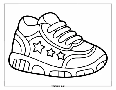 Coloriage de baskets pour enfants : Une basket décorée d'étoiles avec des sangles épaisses et une semelle en blocs