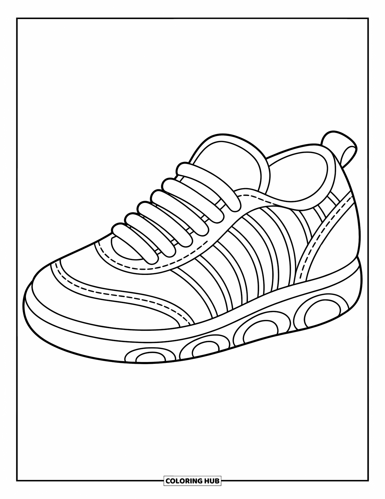 Sneaker Coloring Page for Kids: Striped sneaker with loops, stitches, and "KICKS" on the heel is ready to shine