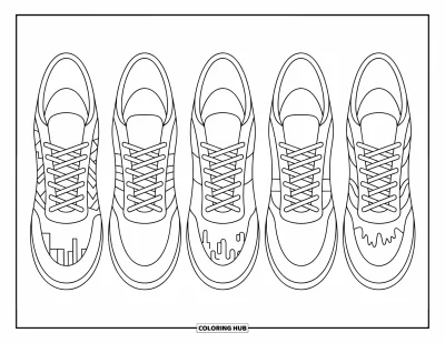 Coloriage de baskets pour enfants : Des baskets tendance alignées avec des éclaboussures, des rayures et même une petite silhouette de ville
