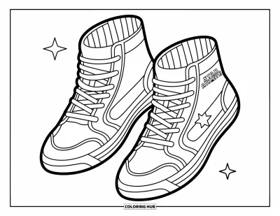Coloriage de baskets pour enfants : Deux baskets avec des chaussettes pointent le bout du nez, entourées d'étoiles et d'une étiquette "Star Athlete"