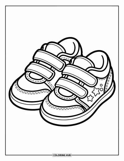 Coloriage de baskets pour enfants : Deux baskets à velcro côte à côte avec des étoiles et des pois sur les sangles