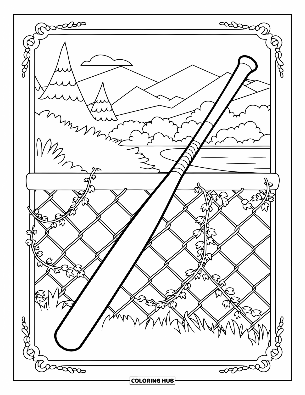 Softball Coloring Page for Adults: A bat rests on an ivy-wrapped fence beside a scenic view of mountains and water