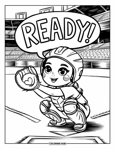Coloriage de softball pour adultes : Une receveuse rougissante s'accroupit avec un gant en cœur et dit « Ready ! » près du marbre