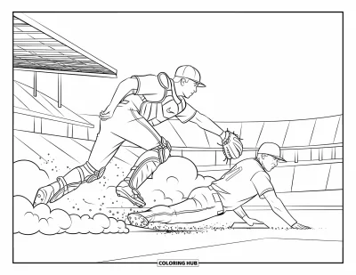 Coloriage de softball pour adultes : Une receveuse saute pour marquer une coureuse qui glisse vers le marbre dans une action saisissante
