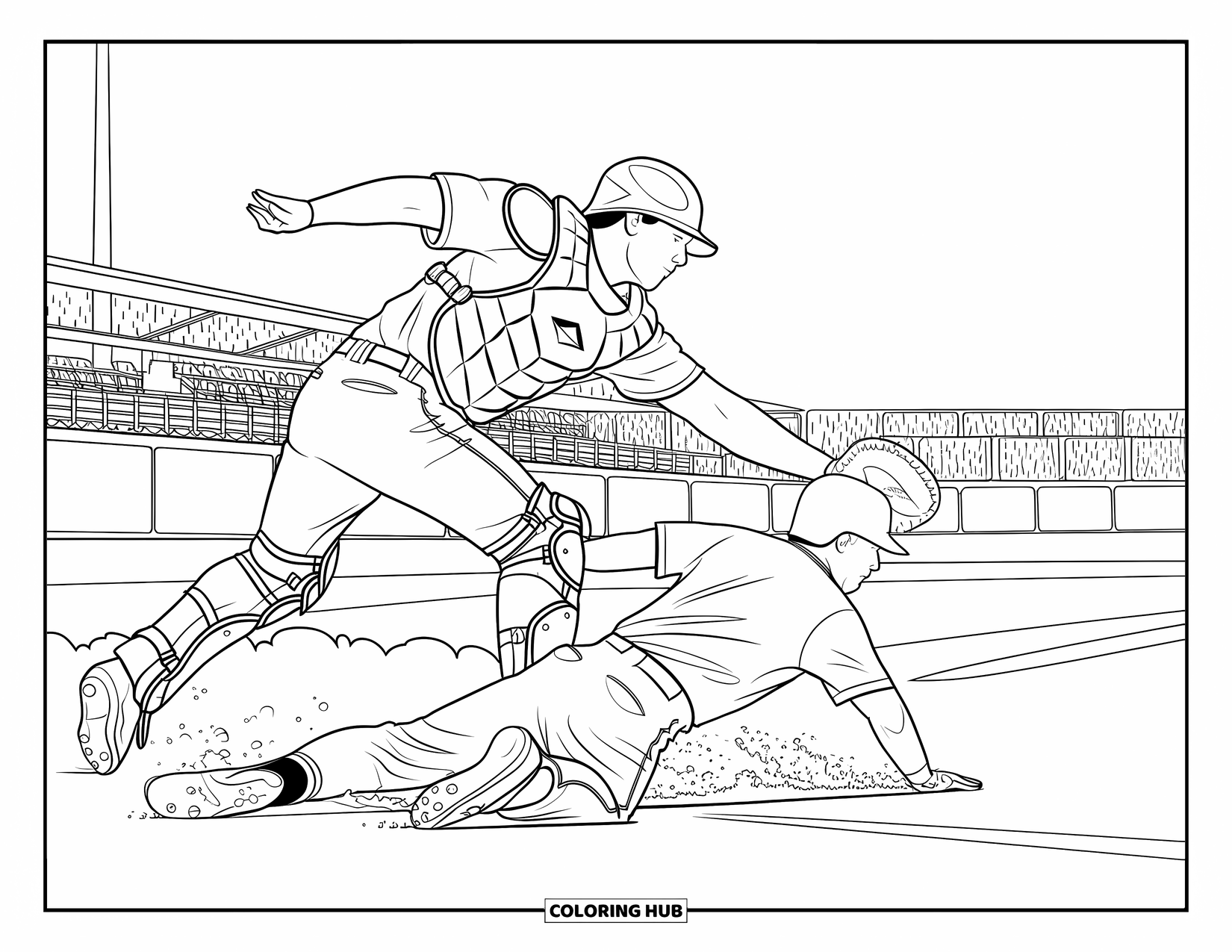 Softball Coloring Page for Adults: A catcher wearing gear tags a sliding runner at home with dust swirling around