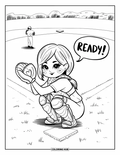 Coloriage de softball pour adultes : Une receveuse aux joues rosées s'accroupit derrière le marbre tandis que la lanceuse se prépare à lancer