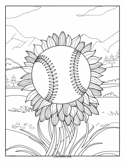 Coloriage de softball pour adultes : Une balle de softball centrale se transforme en fleurs sur un paisible paysage de montagnes et d'arbres