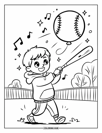 Coloriage de softball pour adultes : Un garçon joyeux frappe une balle de softball flottante avec des étincelles et des notes de musique dans l'air