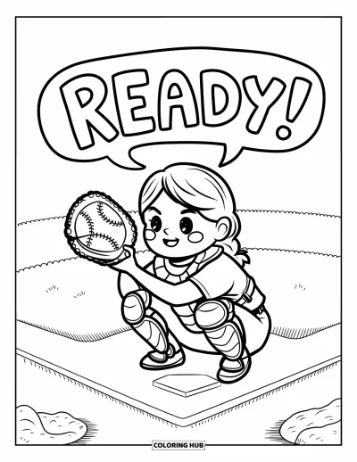 Coloriage de softball pour adultes : Une receveuse joyeuse tient un gant en cœur grand ouvert et sourit sous une bulle « Ready ! »