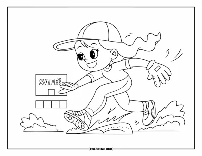 Coloriage de softball pour adultes : Une fille joyeuse en casquette glisse vers la base tandis que son gant s'envole en plein mouvement