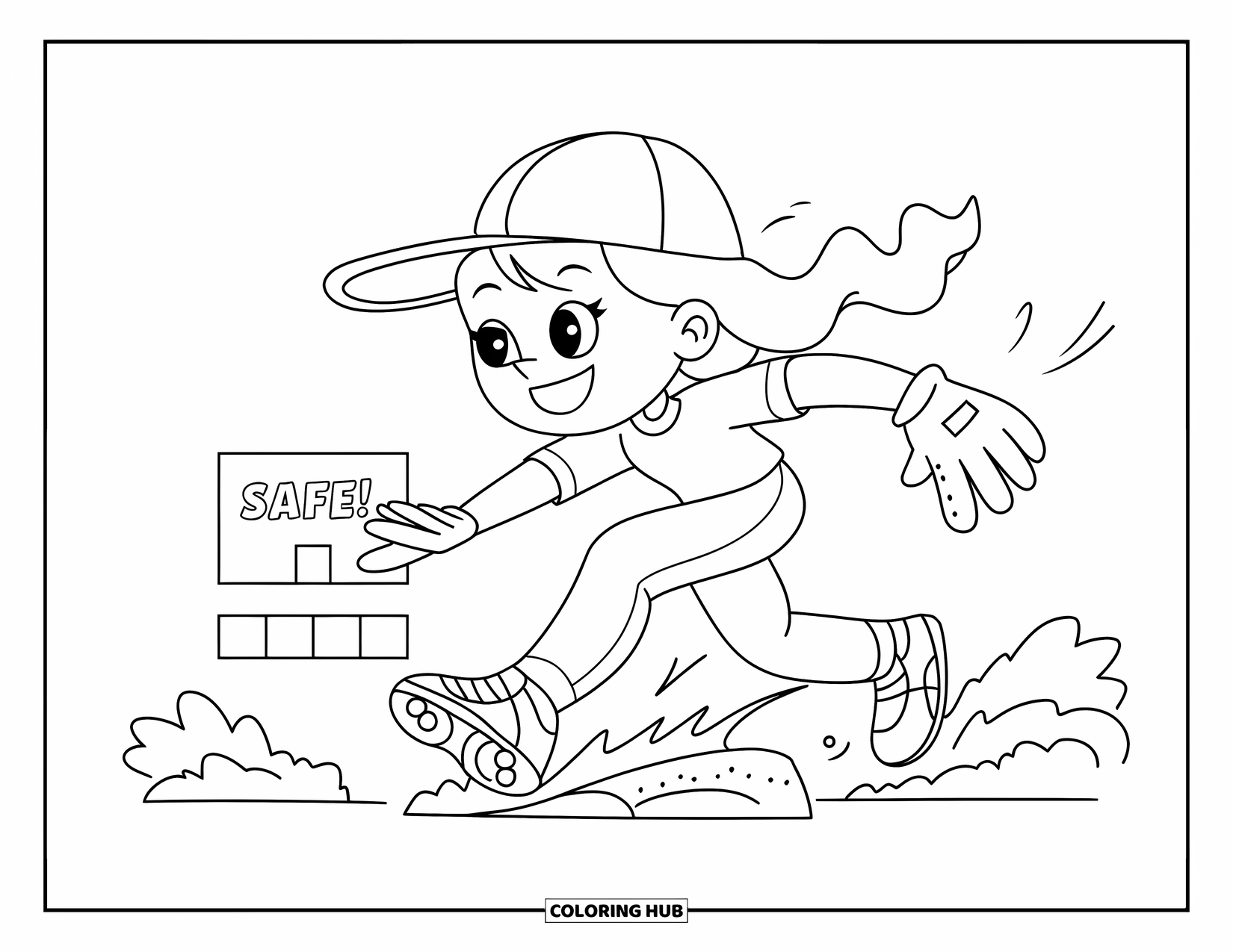 Softball Coloring Page for Adults: A cheerful girl in a cap slides into base as her glove flies off mid-motion