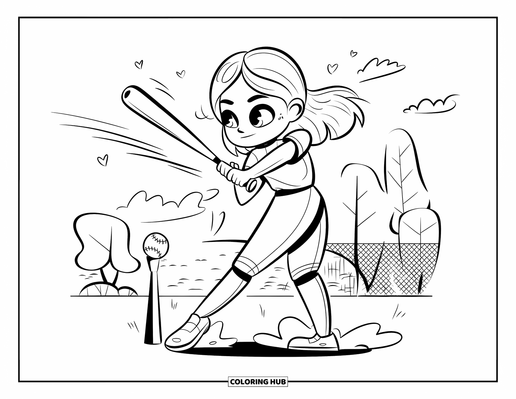 Softball Coloring Page for Adults: A chibi girl swings gently at a softball with hearts and dust floating around her