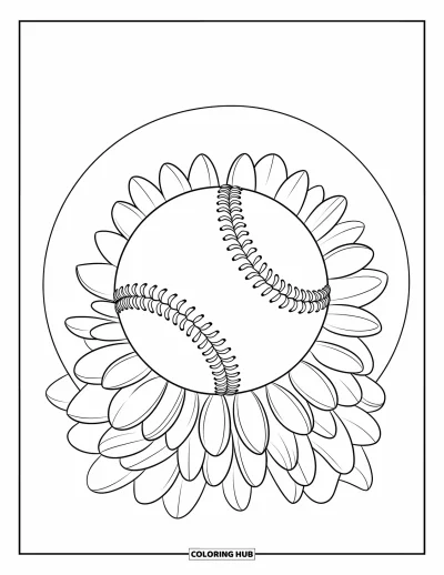 Coloriage de softball pour adultes : Un éclat circulaire de pétales entoure une balle de softball se transformant en fleurs épanouies