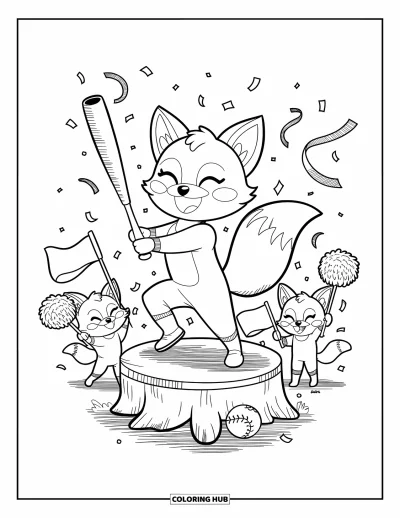 Coloriage de softball pour adultes : Un renard dansant fait tournoyer une batte tandis que des amies agitent des drapeaux à côté d'un gâteau de softball festif