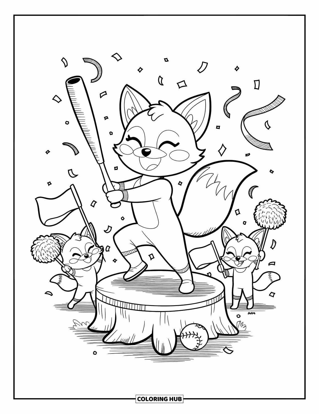 Softball Coloring Page for Adults: A dancing fox twirls a bat while friends wave flags beside a festive softball cake