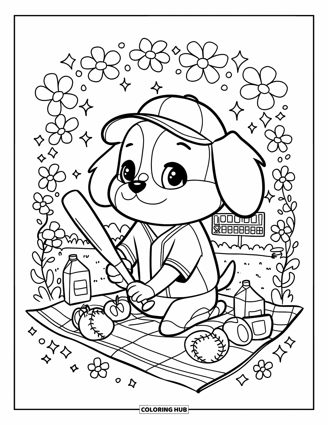 Softball Coloring Page for Adults: A dog in a big jersey sits on a picnic blanket with snacks and sparkles all around