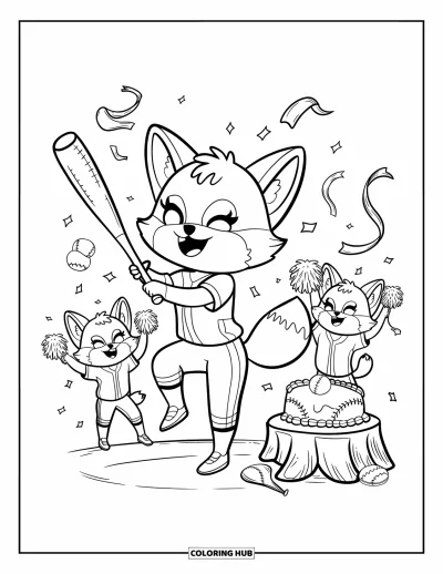 Coloriage de softball pour adultes : Un renard fait tournoyer joyeusement une batte tandis que ses coéquipières applaudissent près d'un gâteau et de confettis qui tombent
