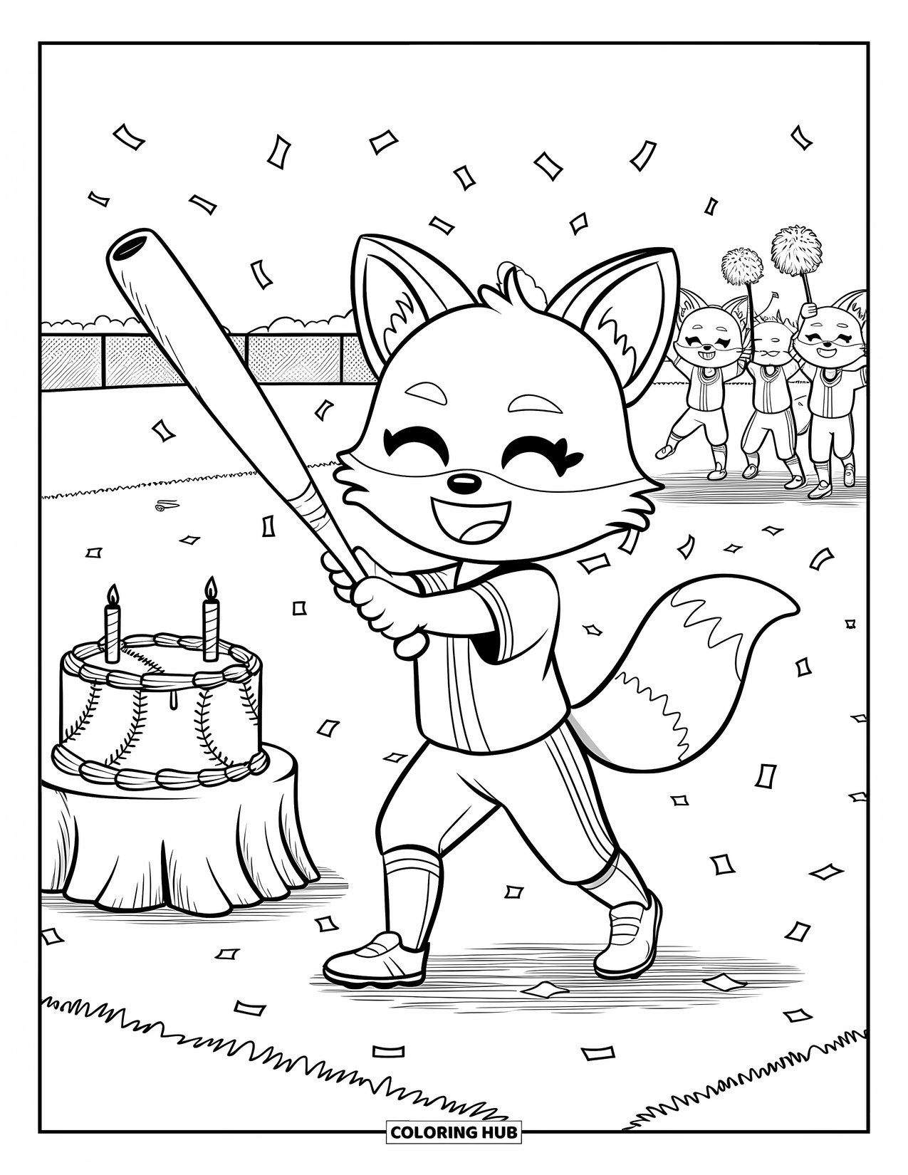 Softball Coloring Page for Adults: A fox twirls a bat on a stump while confetti falls and teammates cheer