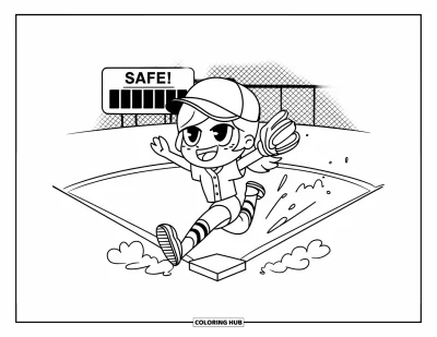 Coloriage de softball pour adultes : Une fille les bras levés glisse vers la base avec des nuages de poussière et un tableau affichant « Safe ! »