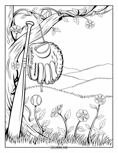 Coloriage de softball pour adultes : Un gant pend d'une branche d'arbre avec une batte en dessous et des vignes en fleurs tout autour