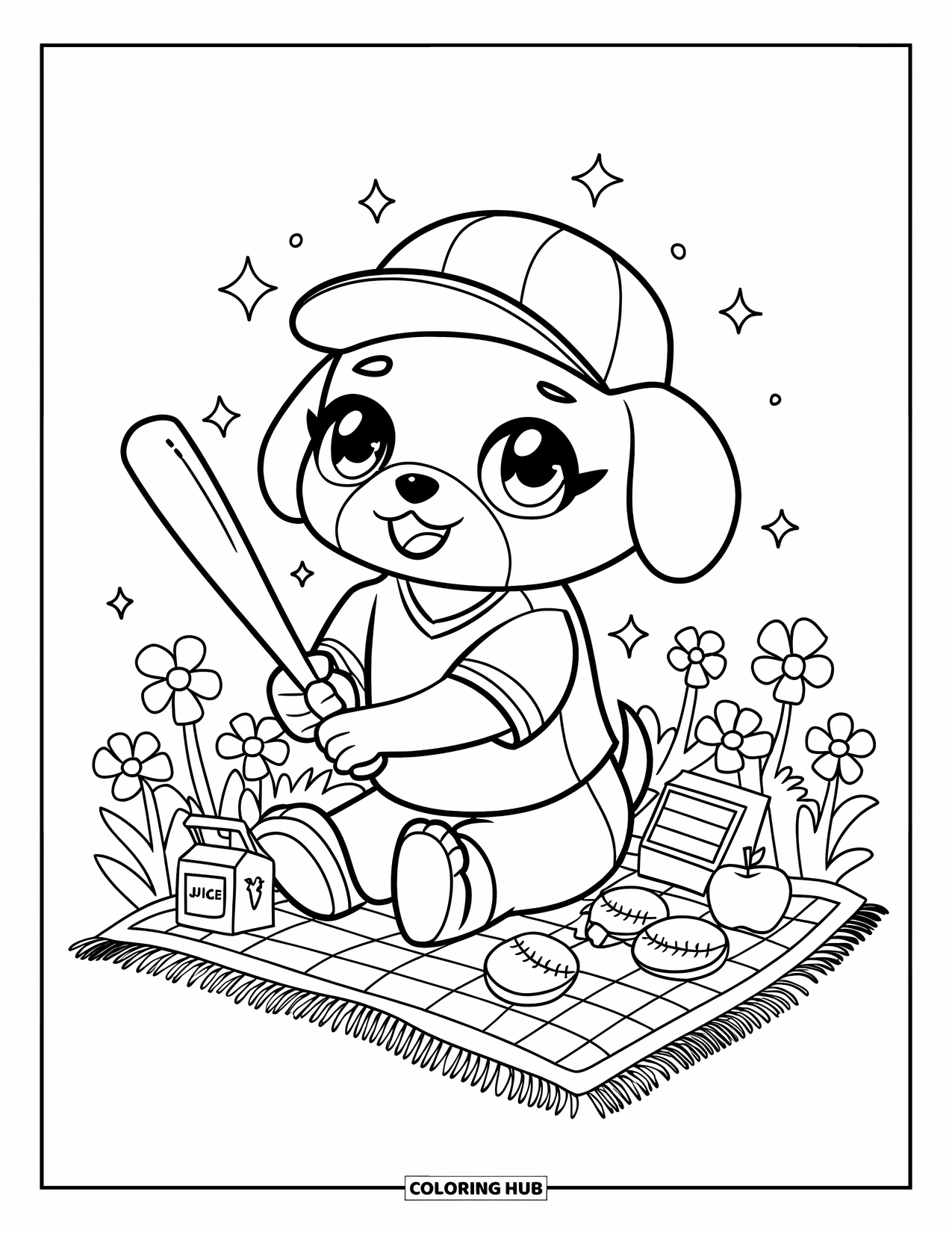 Softball Coloring Page for Adults: A happy dog in softball gear relaxes on a blanket surrounded by juice, apples, and sparkles