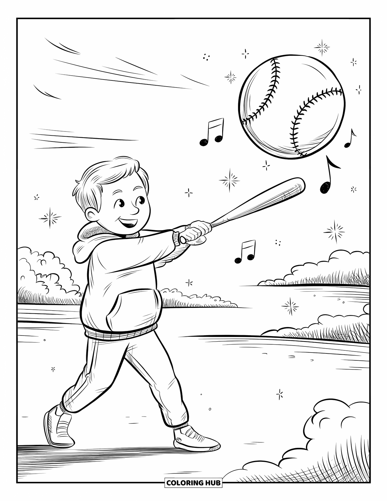 Softball Coloring Page for Adults: A joyful swing at a balloon-softball fills the air with sparkles and gentle music