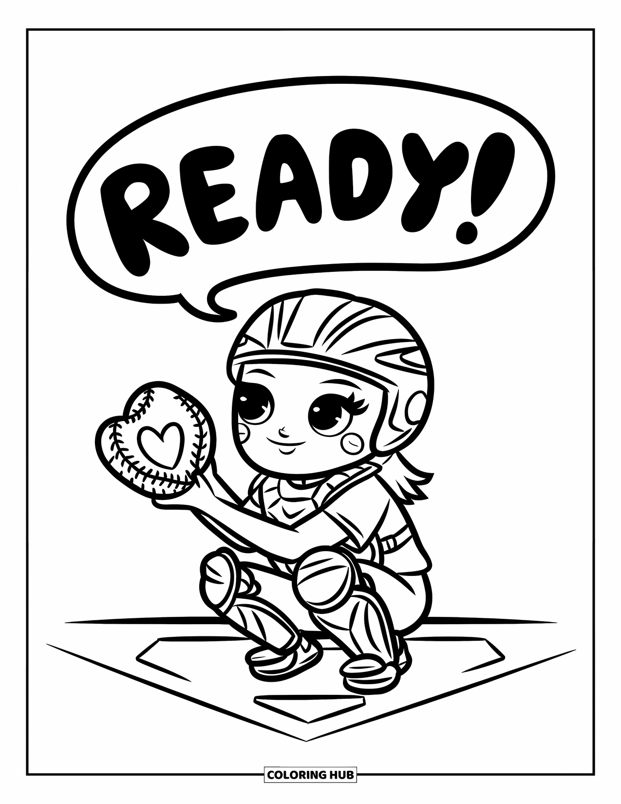 Softball Coloring Page for Adults: A kawaii catcher waits behind home with a heart mitt and a bubbly "Ready!" sign