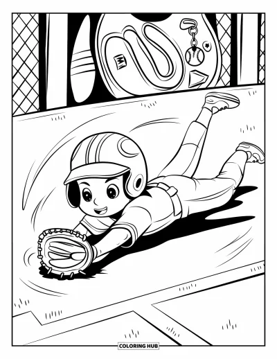 Coloriage de softball pour adultes : Une arrêt-court kawaii plonge en souriant tandis que des lignes tourbillonnantes et de l'équipement remplissent la scène