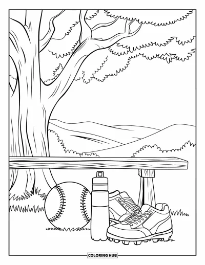 Coloriage de softball pour adultes : Une scène paisible sous un arbre avec des crampons, une balle de softball et un banc à l'ombre