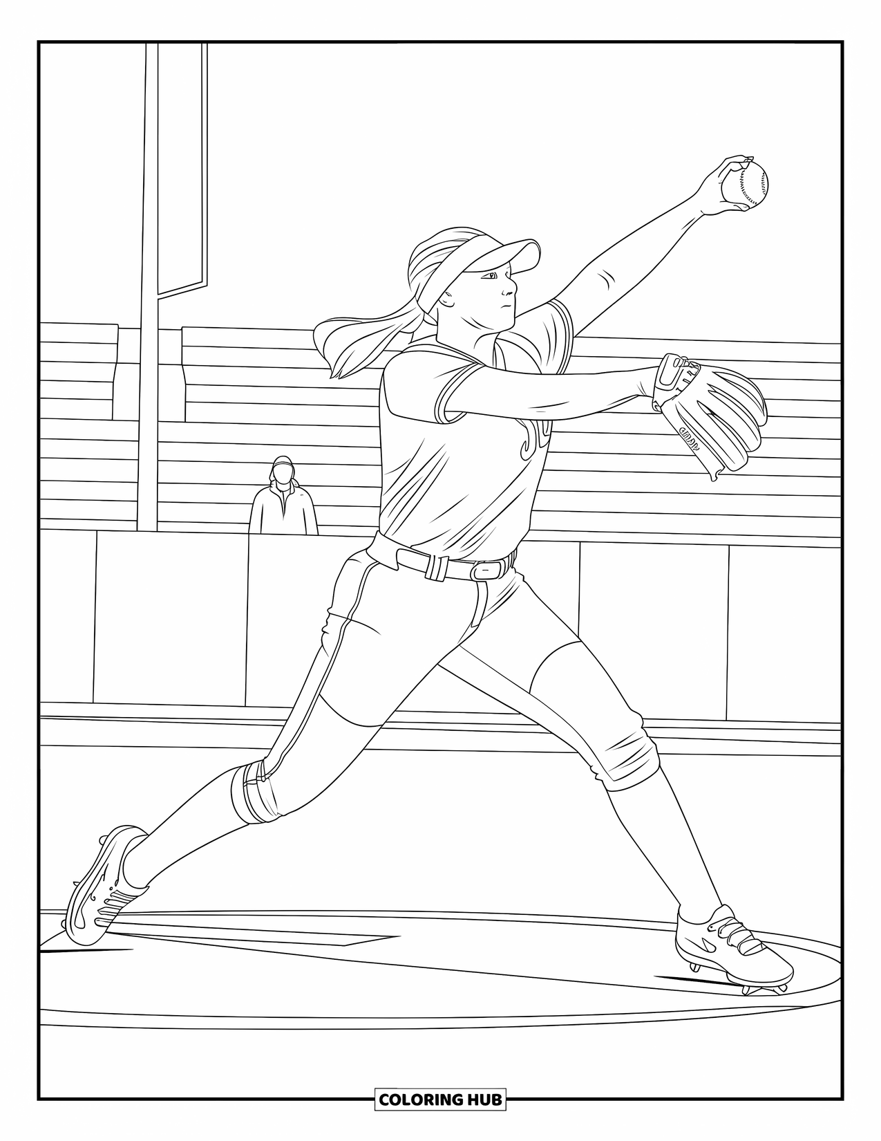 Softball Coloring Page for Adults: A pitcher launches a fastpitch in stride, her motion full of strength and grace