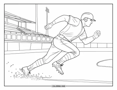 Coloriage de softball pour adultes : Une joueuse fonce vers le troisième but, soulevant de la terre à chaque foulée puissante