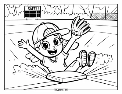 Coloriage de softball pour adultes : Une fille espiègle glisse vers la base avec un gant en vol et un tableau de score en liesse en arrière-plan