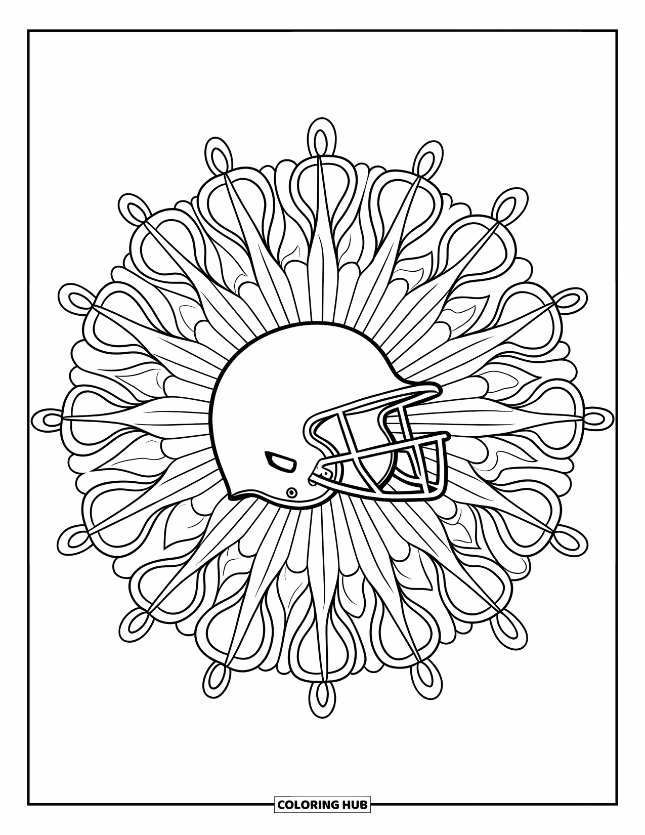 Softball Coloring Page for Adults: A single helmet rests amid flowing floral and mechanical shapes in an elegant layout