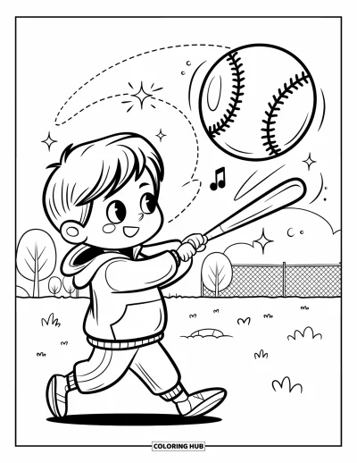 Coloriage de softball pour adultes : Un garçon souriant frappe une balle en forme de ballon avec des étincelles et de la musique autour de lui