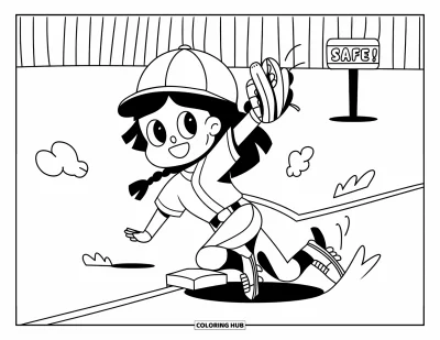Coloriage de softball pour adultes : Une fille souriante glisse vers la base en pleine course avec des nuages de poussière et un tableau affichant « Safe ! »